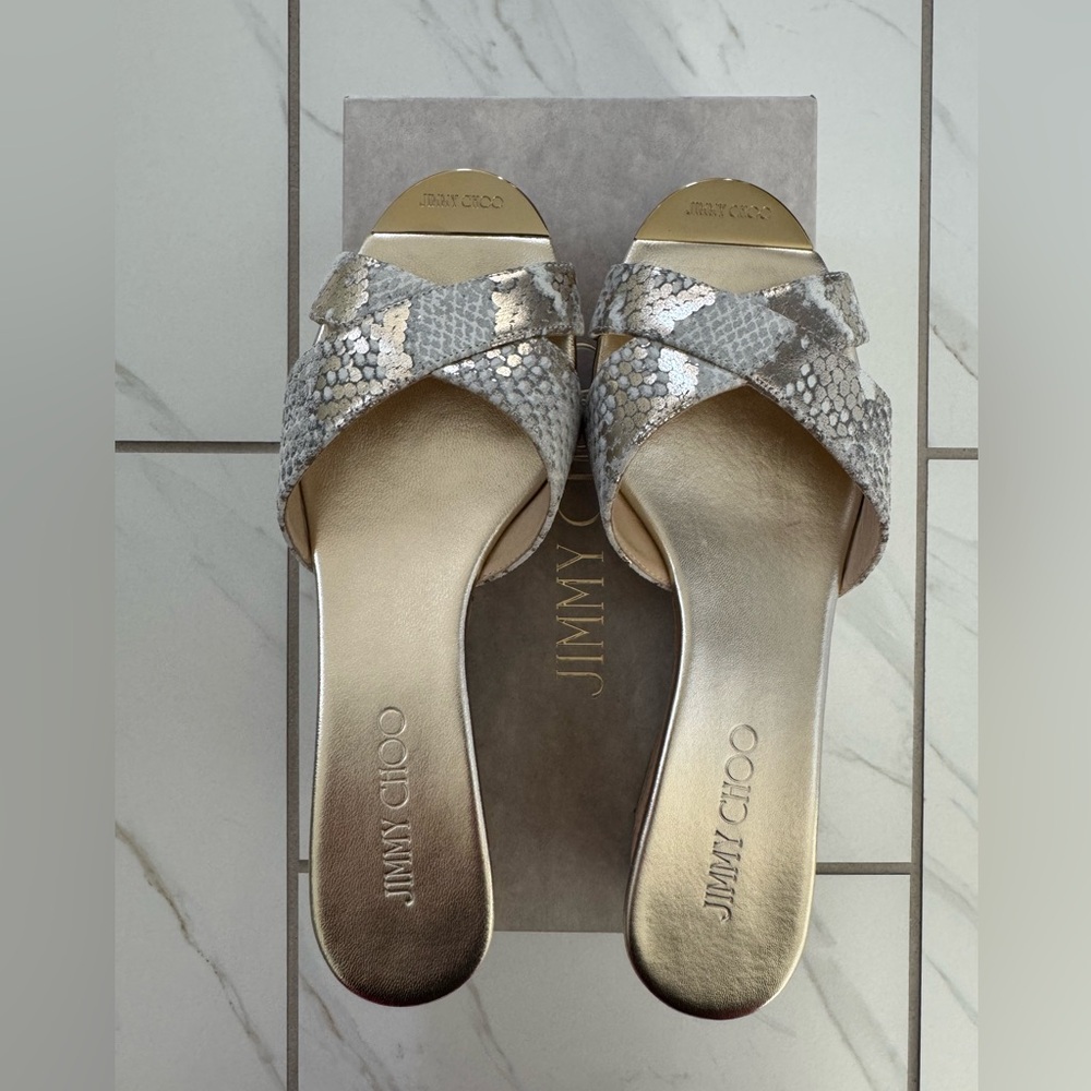 Jimmy Choo Panna, light khaki, metallic printed suede wedge sandal, size 38